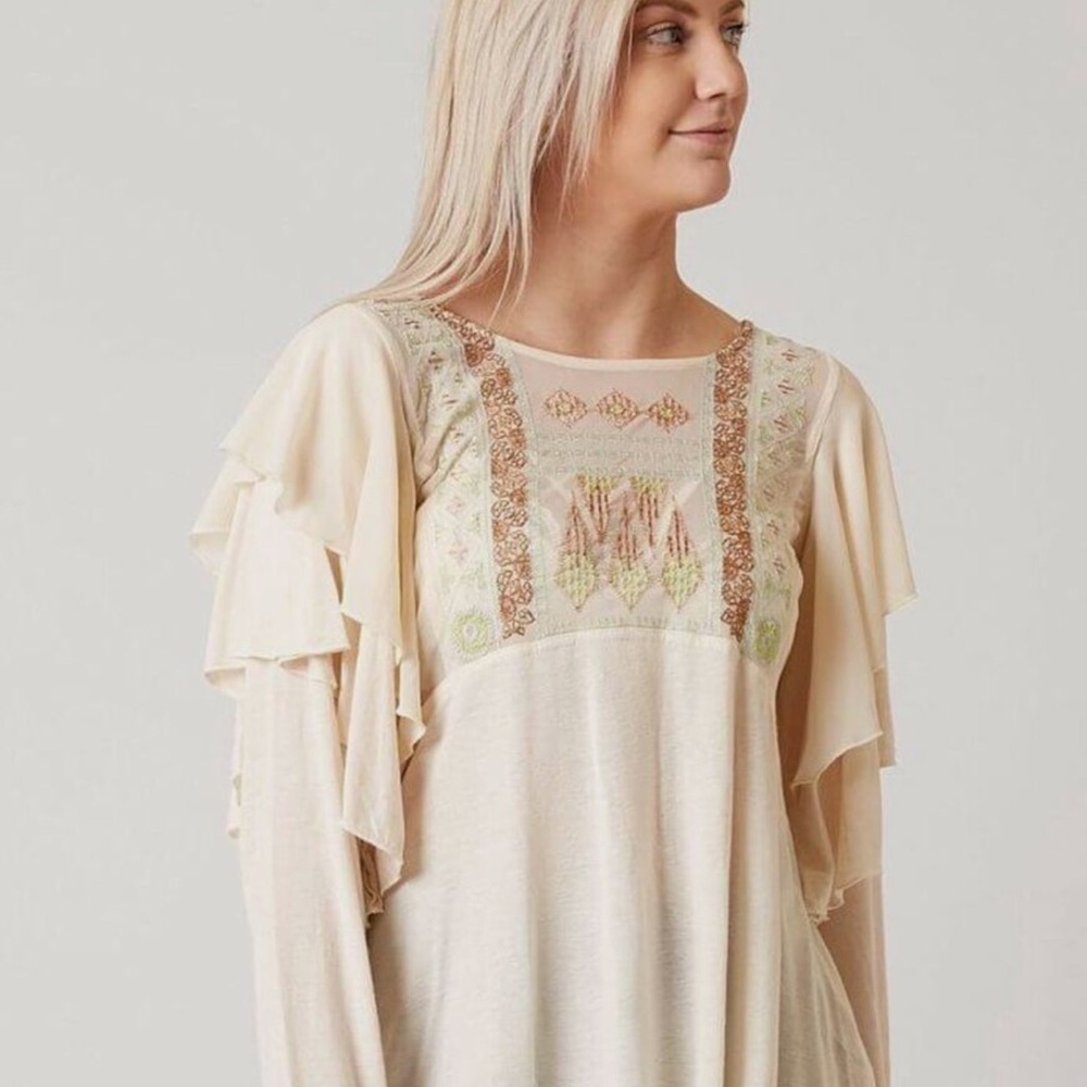 FREE PEOPLE La Cienega Cream Ruffle Top Boho Embroidered NWOT - Picture 2 of 6